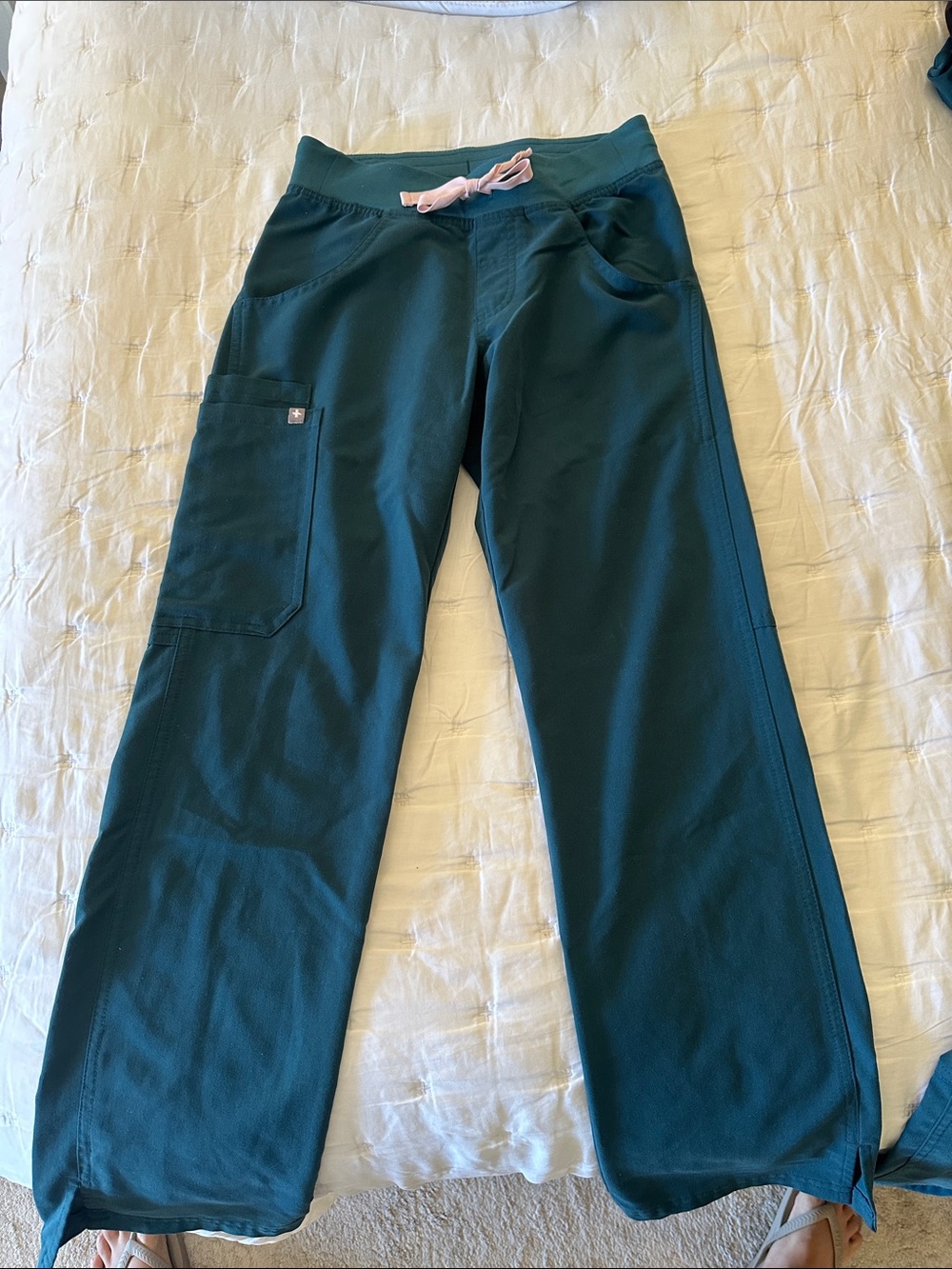 Figs Teal Scrub Pants with Pink Drawstring